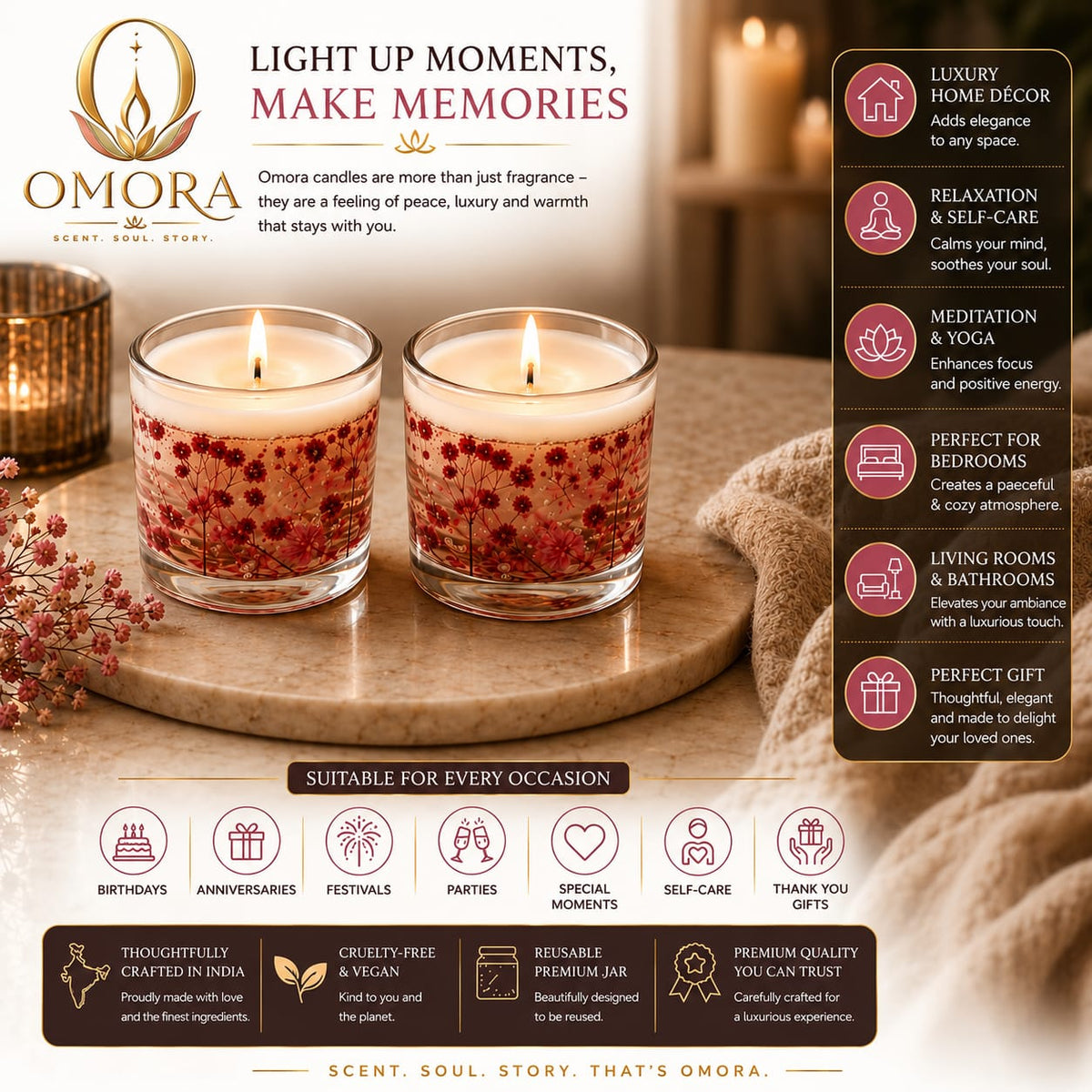 Crimson Candles Pack of 2 - Light Up Moments Make Memories Infographic