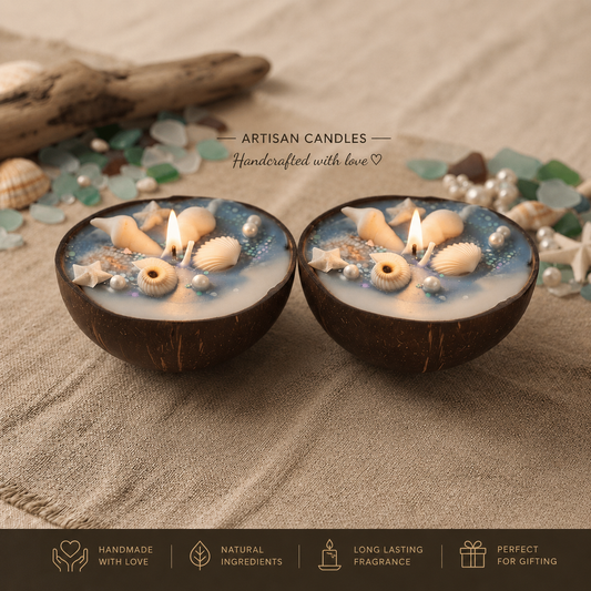 Coconut Shell Sea Candle Pack of 2 - Features Infographic White Background