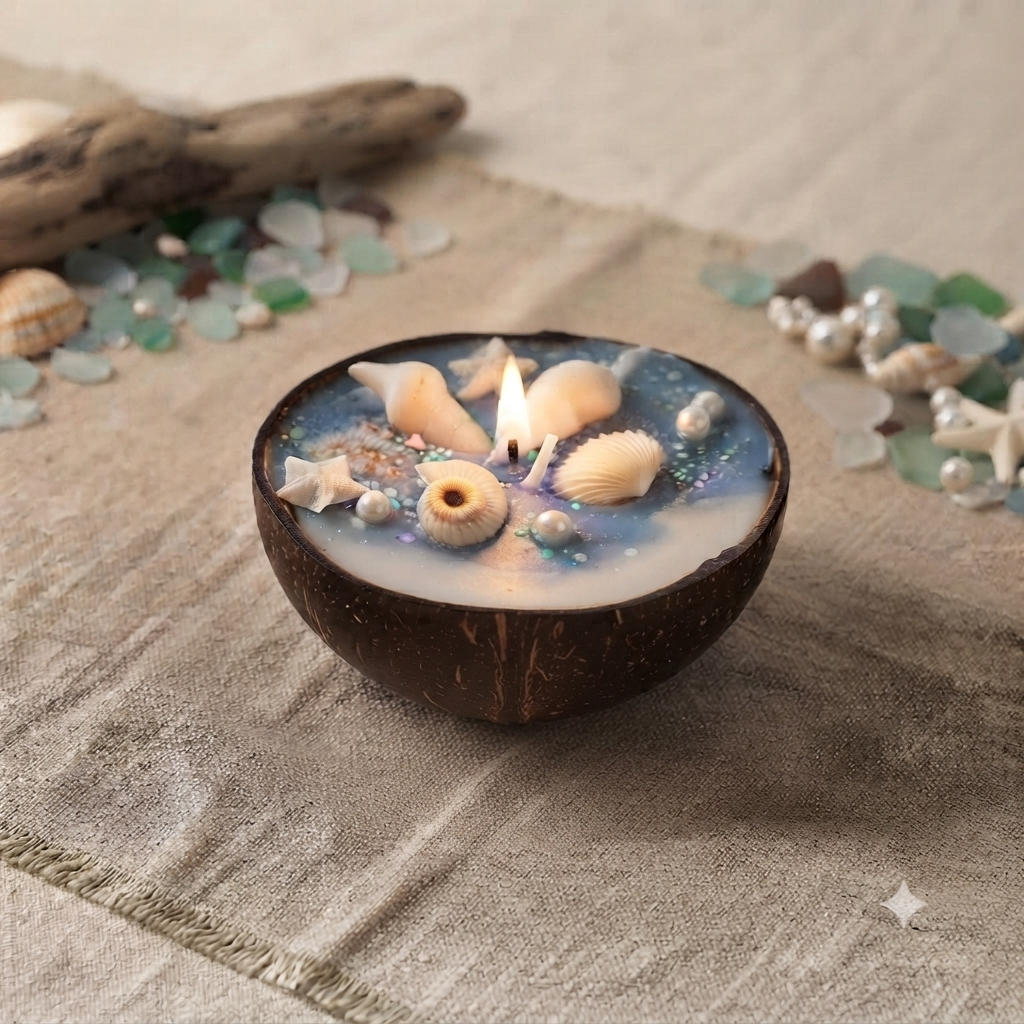 Coconut Shell Sea Candle Pack of 2 - Pack of 2 Overhead Shot