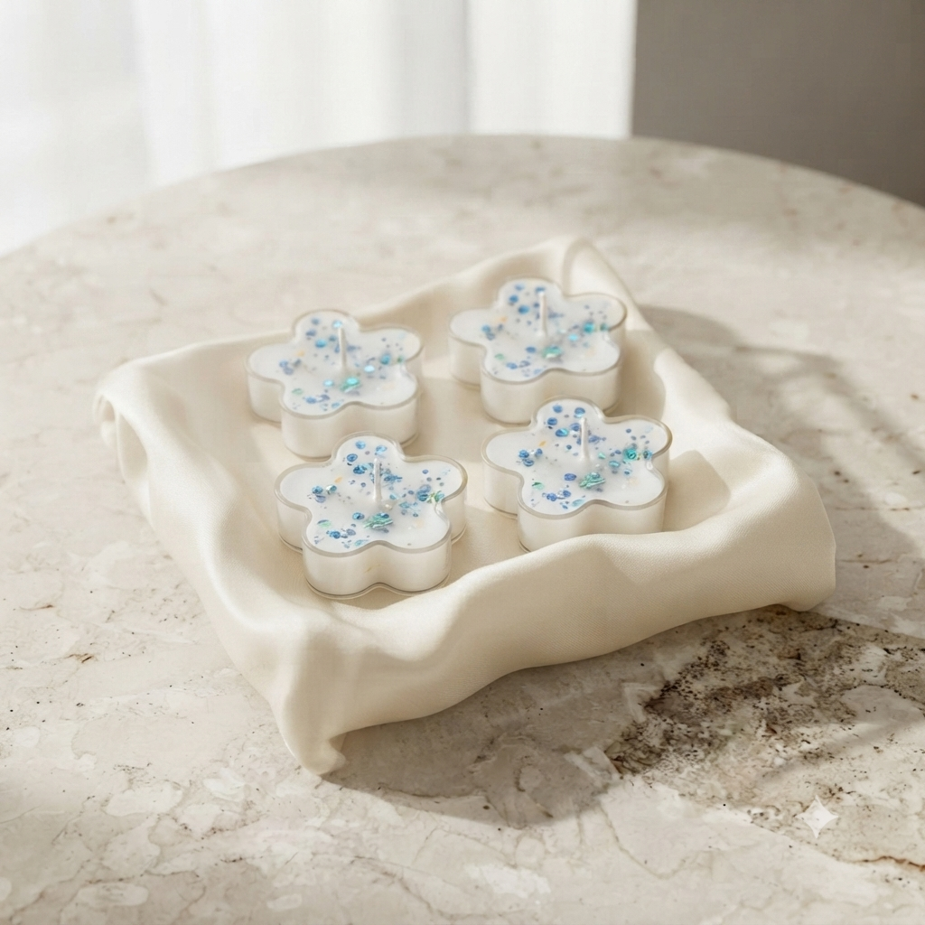 Blue Flower Tealight Candle Pack of 4 - Marble Tray Lifestyle Shot