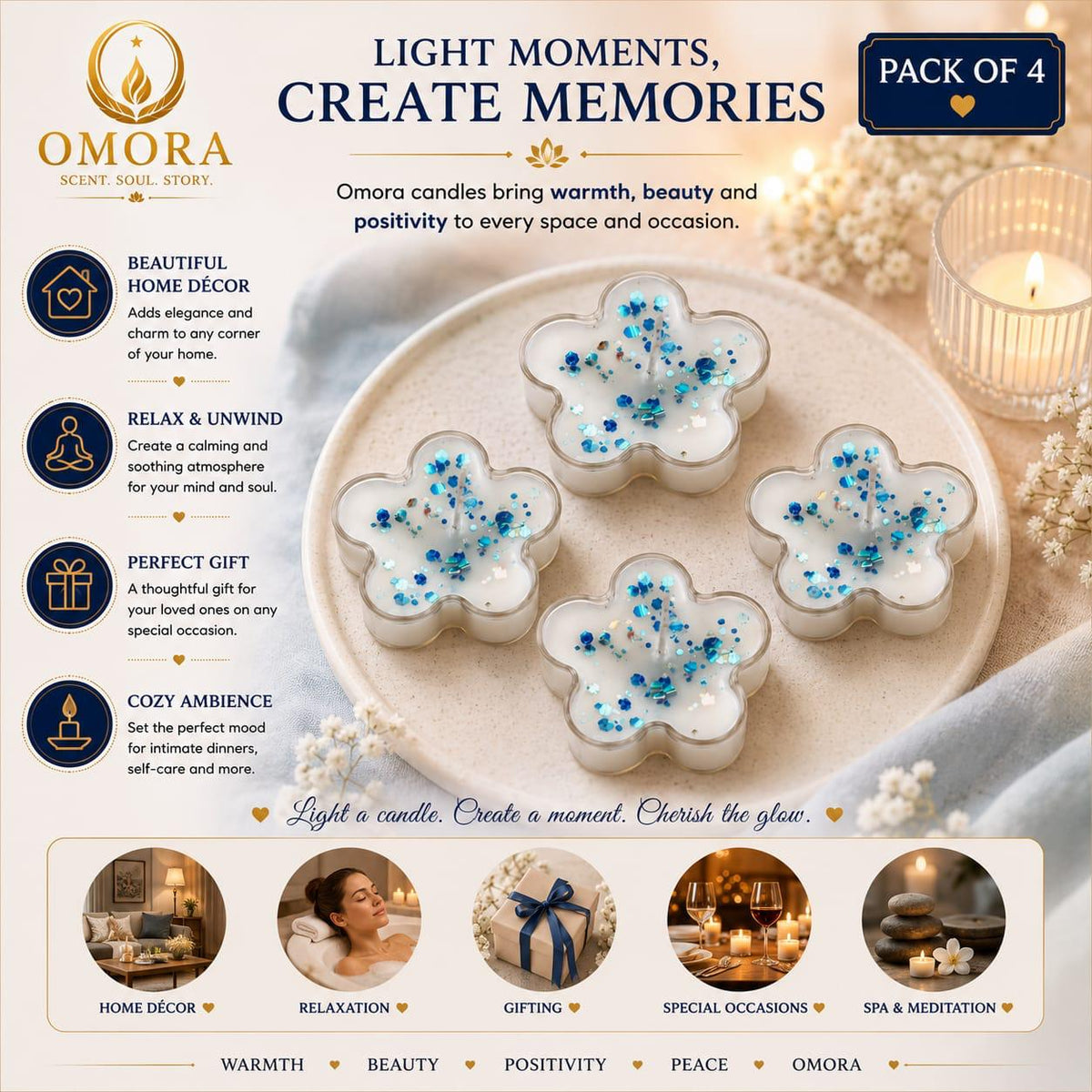 Blue Flower Tealight Candle Pack of 4 - Light Moments Create Memories Infographic