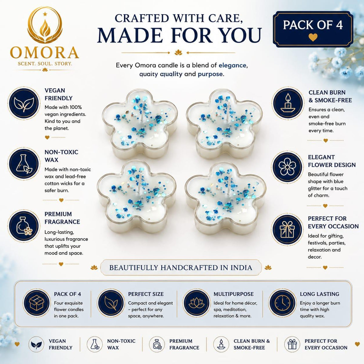 Blue Flower Tealight Candle Pack of 4 - Crafted with Care Made for You Infographic