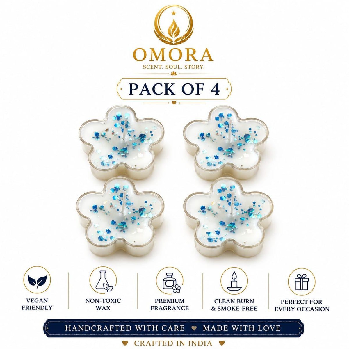 Blue Flower Tealight Candle Pack of 4 - Pack of 4 Hero Shot White Background