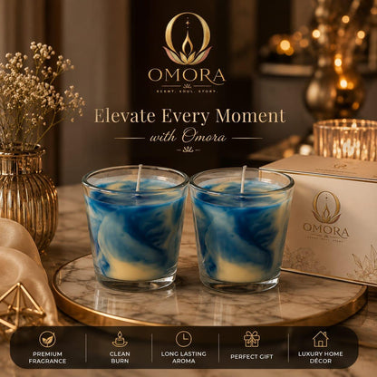 Blue Swirl Glass Candle Pack of 2 - Elevate Every Moment with Gift Box Lifestyle