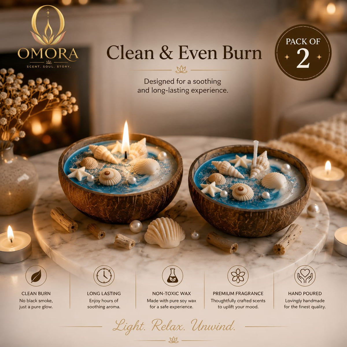 Coconut Shell Sea Candle Pack of 2 - Single Candle Lit Driftwood Setting