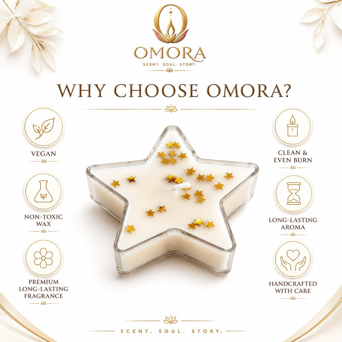 Golden White Star Candle Pack of 4 - Why Choose Omora Infographic