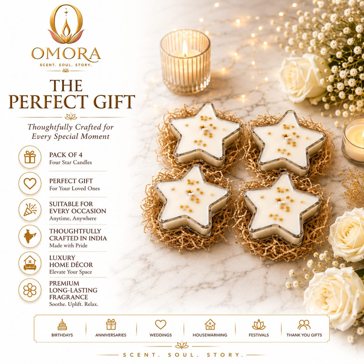 Golden White Star Candle Pack of 4 - The Perfect Gift Infographic