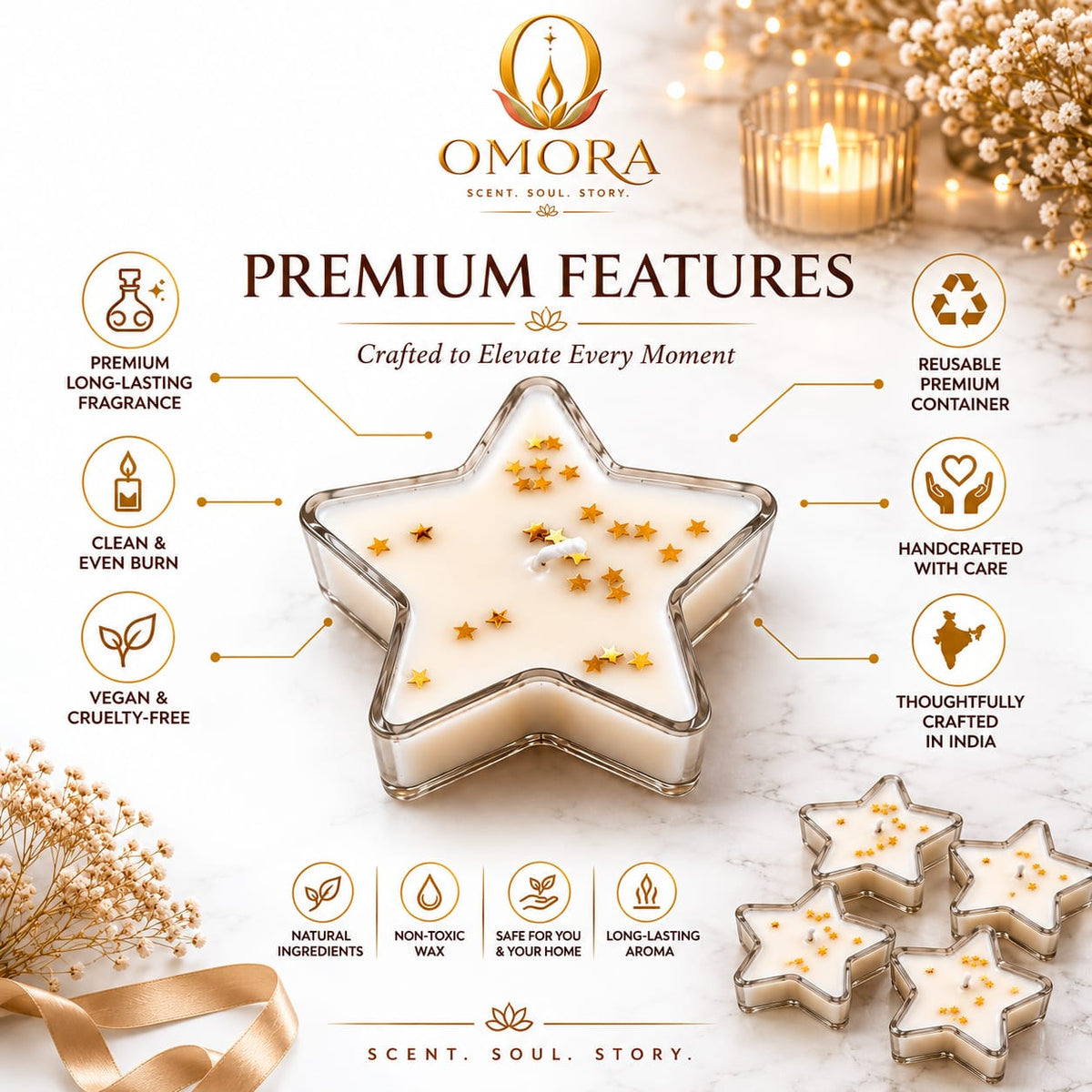 Golden White Star Candle Pack of 4 - Premium Features Infographic